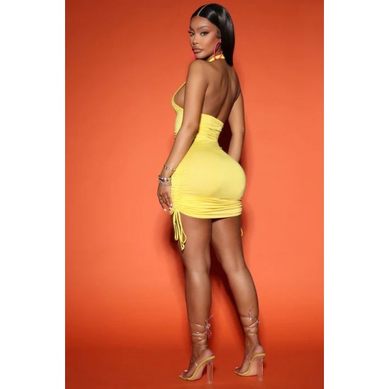 Macie Ruched Halter Dress - Yellow