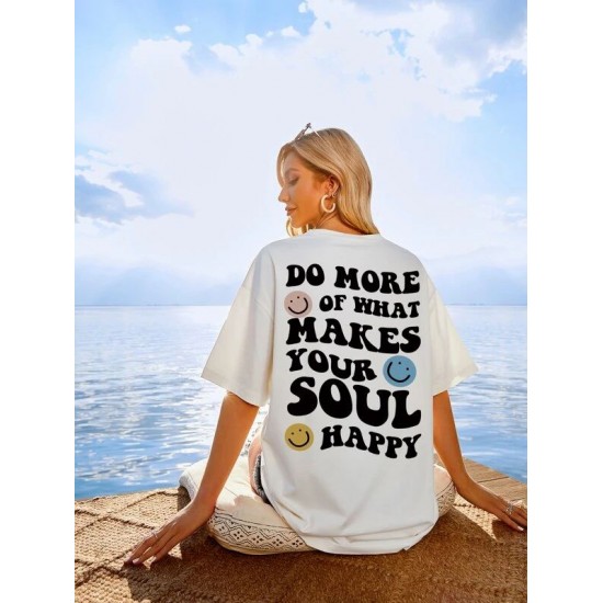 Slogan & Cartoon Face Print Drop Shoulder Tee