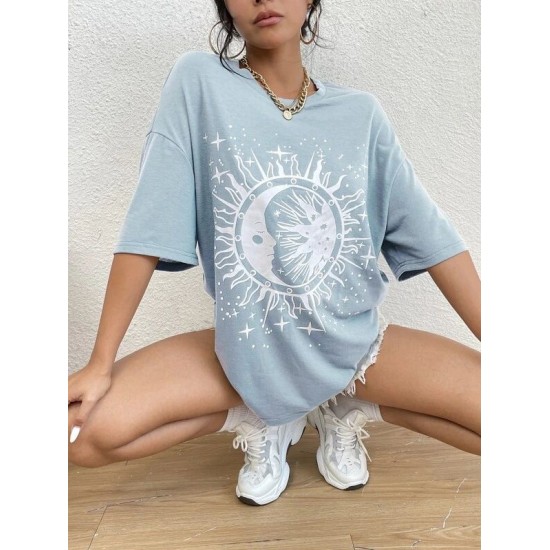 Sun & Moon Print Drop Shoulder Tee