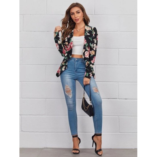 Shawl Collar Hanky Hem Floral Blazer