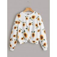 Allover Sunflower Print Twist Front Sweatshirt