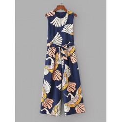 Cranes Print Belted Wide Leg Jumpsuit