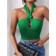 Knot Front Backless Halter Knit Top