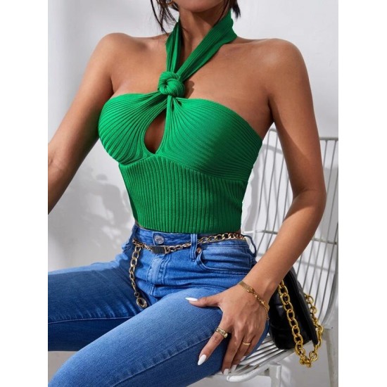 Knot Front Backless Halter Knit Top