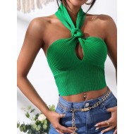 Knot Front Backless Halter Knit Top