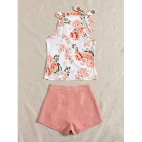 Floral Tie Neck Top & Button Shorts