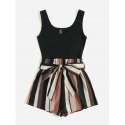 Notched Neck Block Stripe Belted Tank Romper