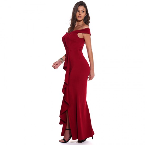 Sexy new one-line V-neck ruffle dress banquet evening dresses long dress